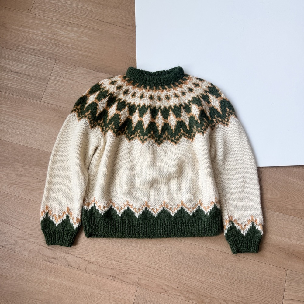 VTG Handmade Fair Isle Knit Sweater Green Cream Nordic Wool Pullover Womens L